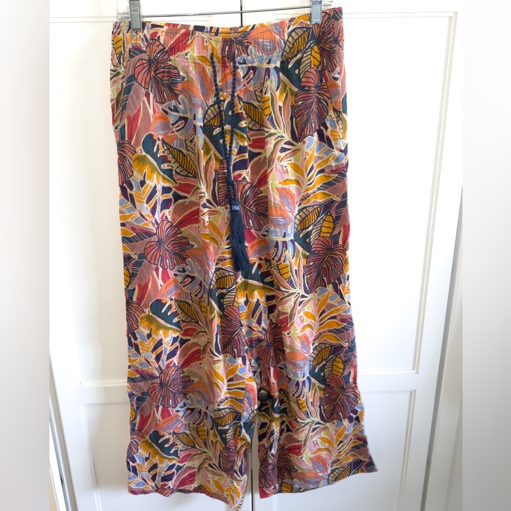 C & C California 100% Linen Wide Pants w/Pockets Tropical Floral Beach Sz Large - Picture 3 of 14